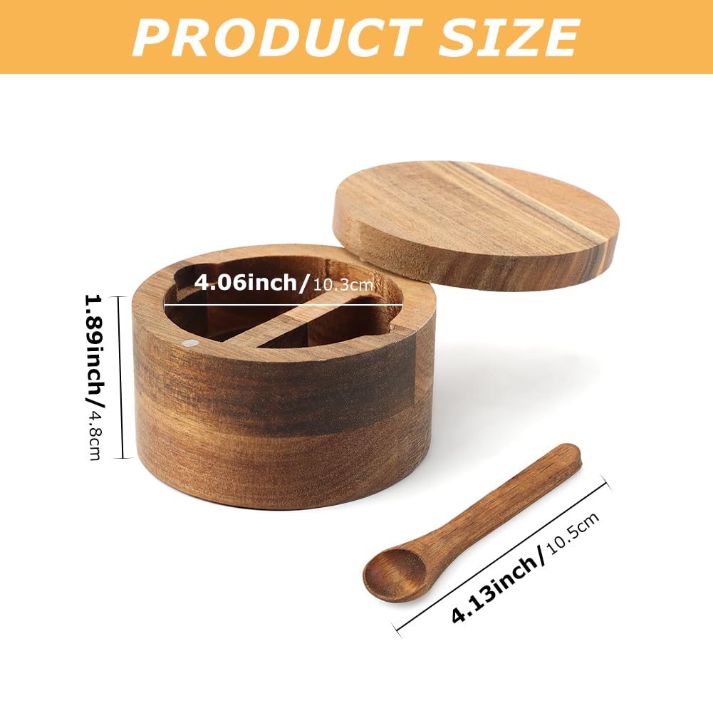 Cuenco de madera para sal y pimienta, con tapa giratoria y cuchara, contenedor redondo para sal y especias