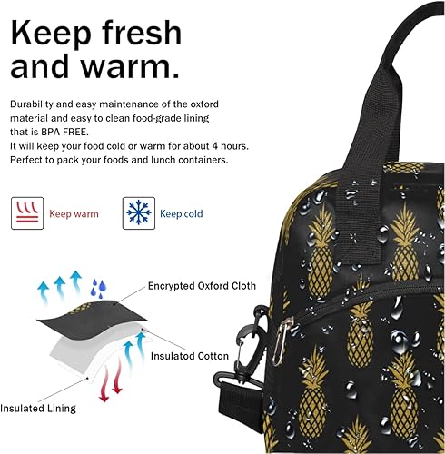 Miniatura 5 de Bolsa de almuerzo aislada para mujeres y hombres diseño de piña dorada color negro reutilizable bolsa de almuerzo grande para el trabajo picnic