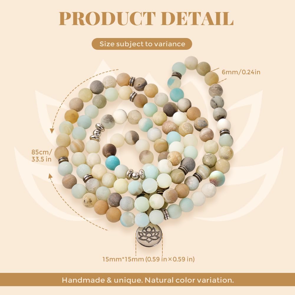 Natural 108 Mala Amazonite Beads Yoga Necklace with Lotus Pendant, Gemstone Beads Wrap Bracelet for Meditation & Mindfulness, Stretch Prayer Beads Necklace for Women & Men, Stress Relief Mother's Day Spiritual Gifts, Includes Gift Box - 6mm