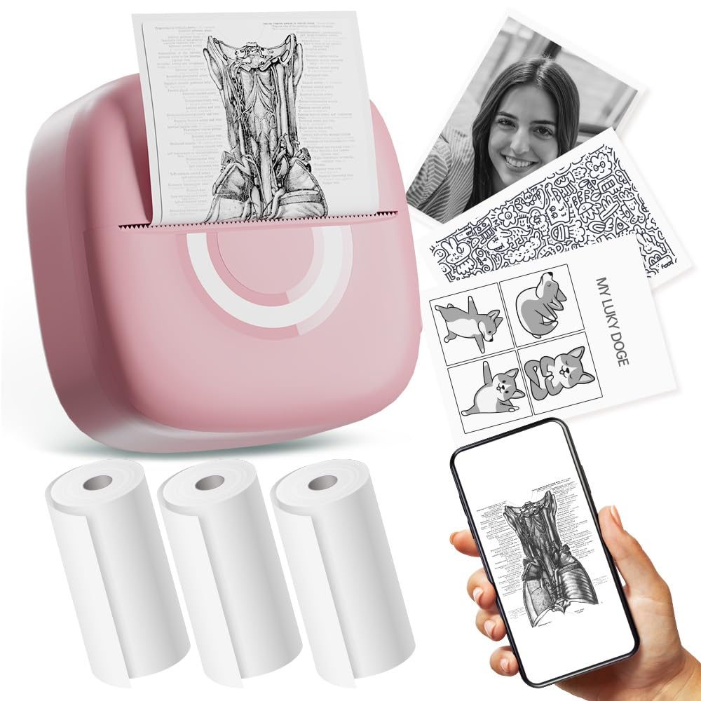 Mini Thermal Printer With 3 Rolls Paper, Bluetooth Portable Phone Printer for Pictures, Photos, Journals, DIY - Compatible With Phone & Tablet