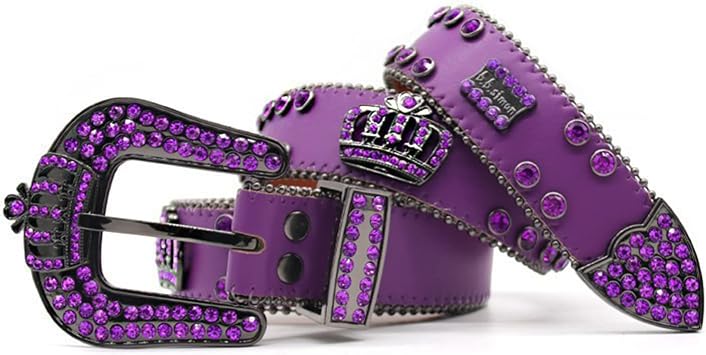 Women and Men Ladies Rhinestone Belt Western Cowboy Cowgirl Shine Purple Crystal Diamond Crown Studded Leather Strap 100cm/waist33", Purple