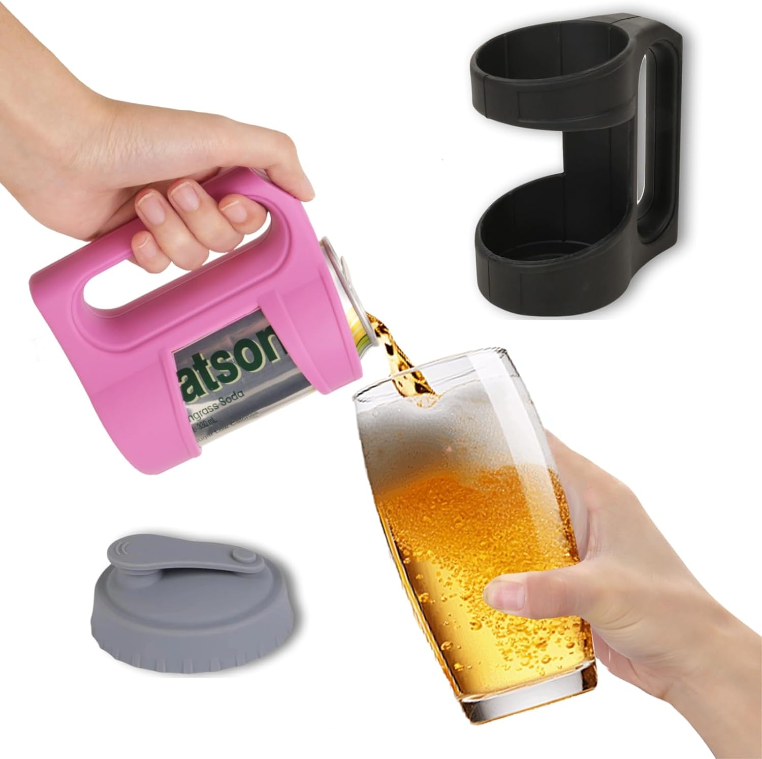 Can Holder with Handle, Suitable for Various Canned Beverages, Beer Etc Silicone Material Handles for Beverages Can, Keep Hand Warm and Dry,Easily Grip,Silicone Cover to Prevent Overflow (Black)