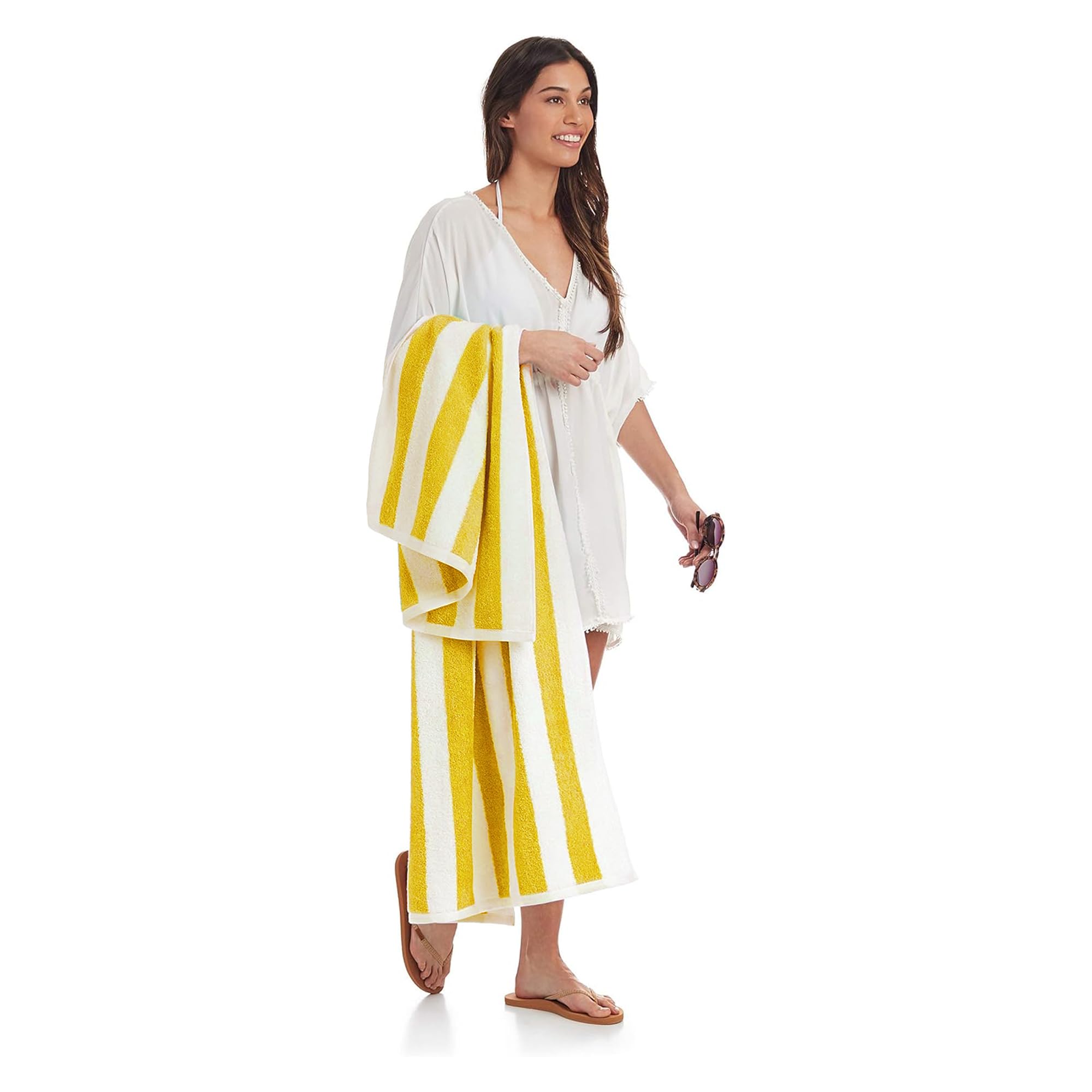 Cabana Striped Beach Towel - Yellow White Terry Velour 35x60 Inches