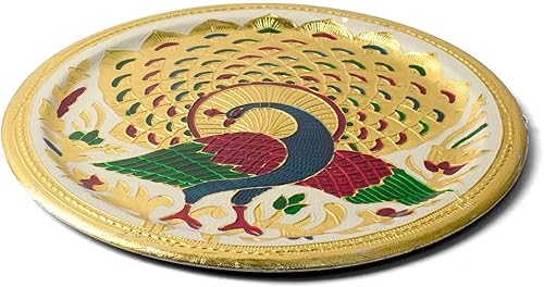 Miniatura 5 de Craftsman Karwa Chauth - Plato decorativo Pooja Thali, hermoso diseño de pavo real para rituales del templo hindú, accesorio mandir, regalo de