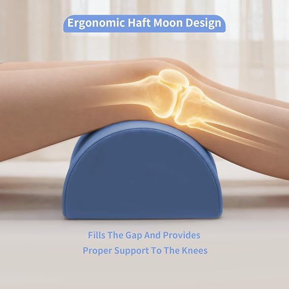 Knee Pillow for Back Sleeping - Half Moon Bolster Pillow for Legs - Cooling Under Knee Pillow for Sleeping on Back, Leg Support, Foot Elevation (Misty Blue)