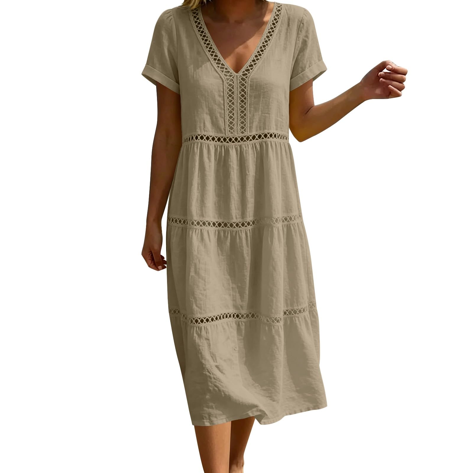 Sommerkleid Damen Lang Boho Elegant 3/4 Ärmel Lochstickerei Musselin Locker Boho Kleid Sommer Strandkleid Elegant Baumwolle Leinenkleid A-Linie Hohe Taille Maxikleid Leicht und Luftig Freizeitkleid