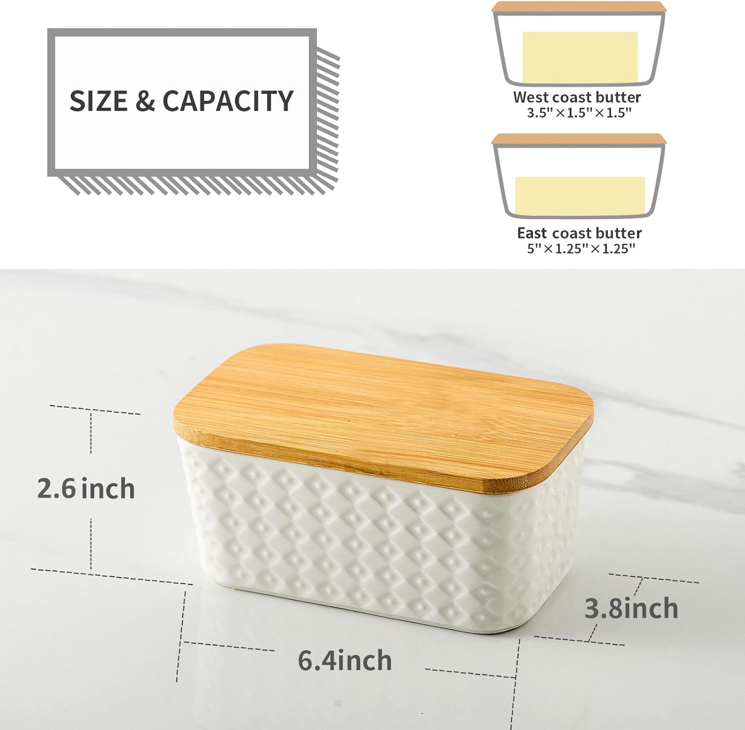 Hasense 2 Piece Butter Dish with Lid for Countertop, 88 oz Ceramic Food Storage Jar, White