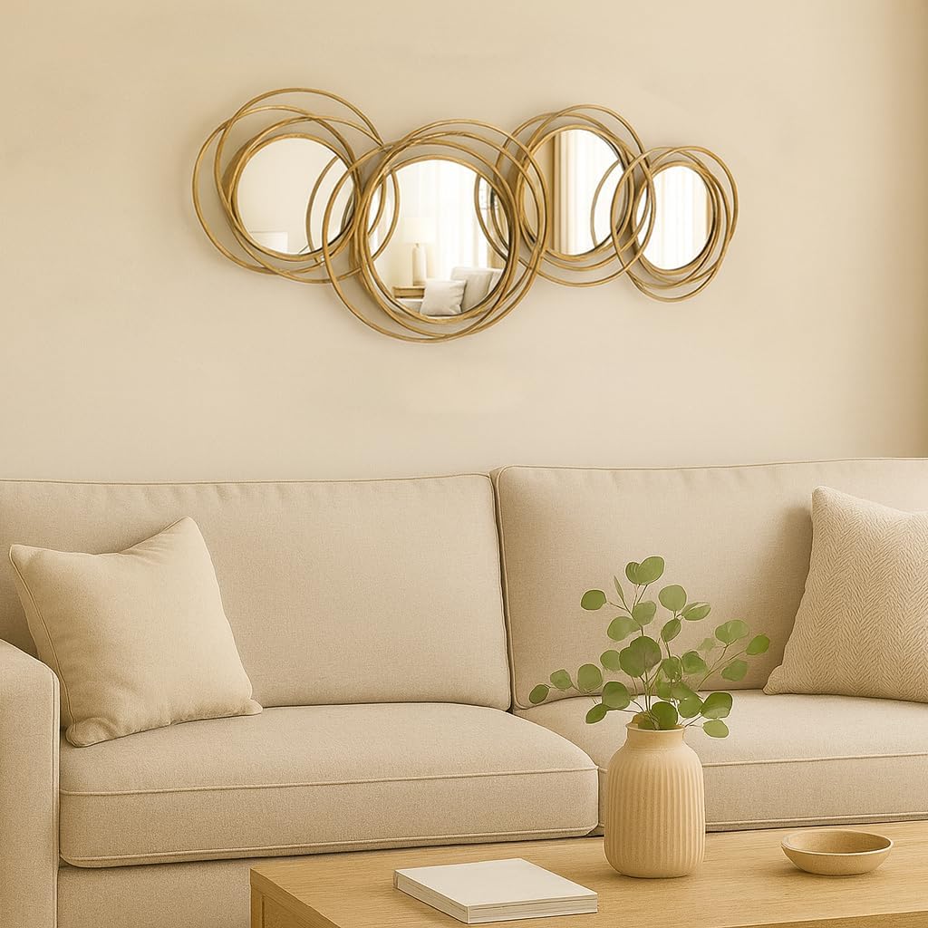 Decorative Gold Multi Circle Wall Mirror, 4 Circle Irregular Wall Decor Mirror for Living Room, Hand-Finished Gold Foil Iron Ring Frame, Horizontal or Vertical Hanging, 43.3" x 17.3"