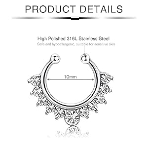 Diamday Piercing Finti Set - Anelli Naso Falsi 316L Acciaio Chirurgico - 22G/20G/18G 6-8mm - Foto 4