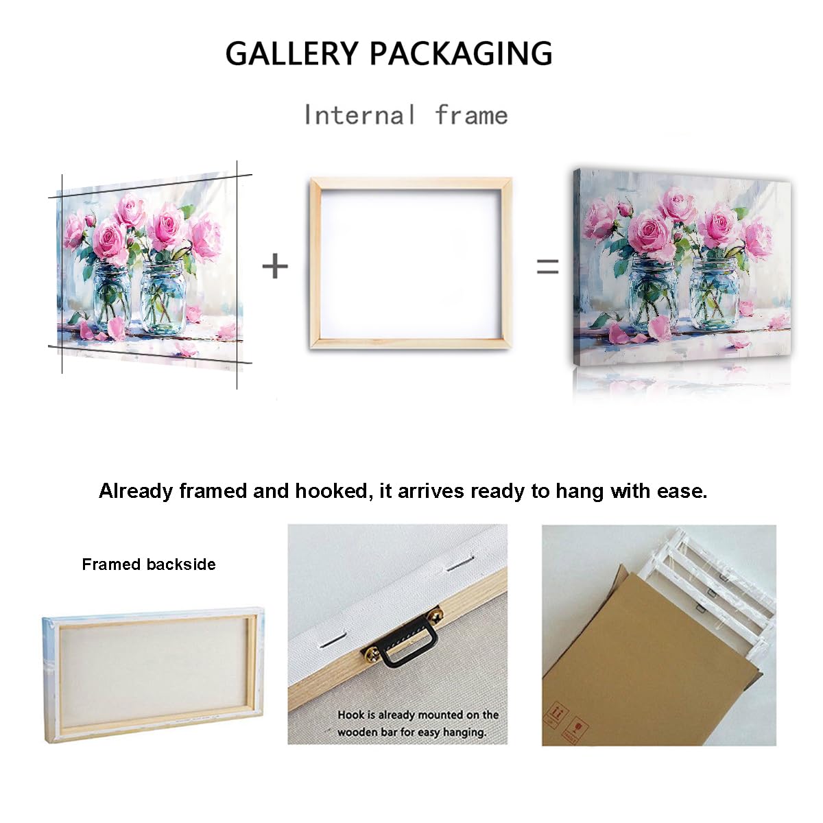 CHERHERART Wandkunst fürs Wohnzimmer Rosa Rosen Einmachgläser Bilder Wanddekoration Moderne Frühlingsblumen-Leinwandmalerei Romantisch-Chic Wohndeko 40x50 cm Innenrahmen