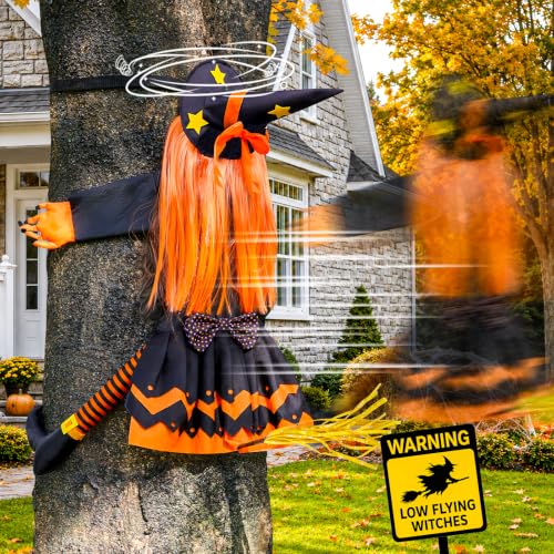 45" Halloween Crashing Witch Decoration Flying Witchs on Broom Hanging from Tree Outdoor Halloween Decor for Yard Garden Porch Patio - image 8