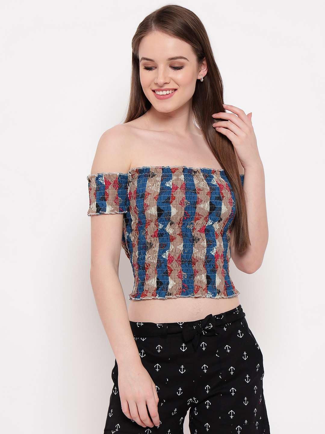 Bigdave Women's Rayon Printed Off-Shoulder Smocked Crop Top Short Sleeve Casual Styles Tank Top (Free Size) Multi38