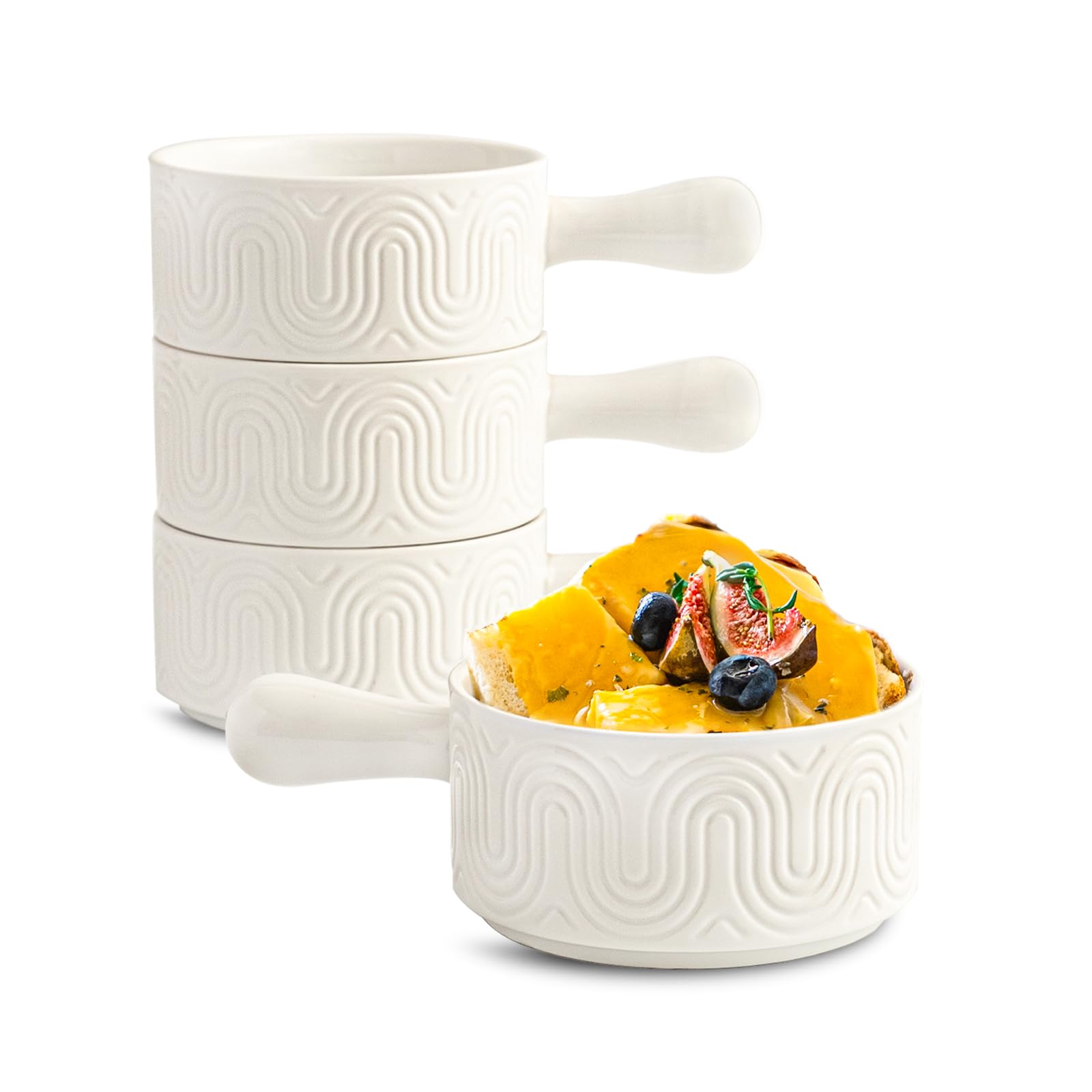 INSETLAN 18oz Suppenschüssel mit Griff,Suppentassen mit Henkel 4er Set, Keramik Suppenschüsseln im Bogendesign für Suppe, Chili, Eintopf – Spülmaschinen- & Mikrowellengeeignet, Stoßfest