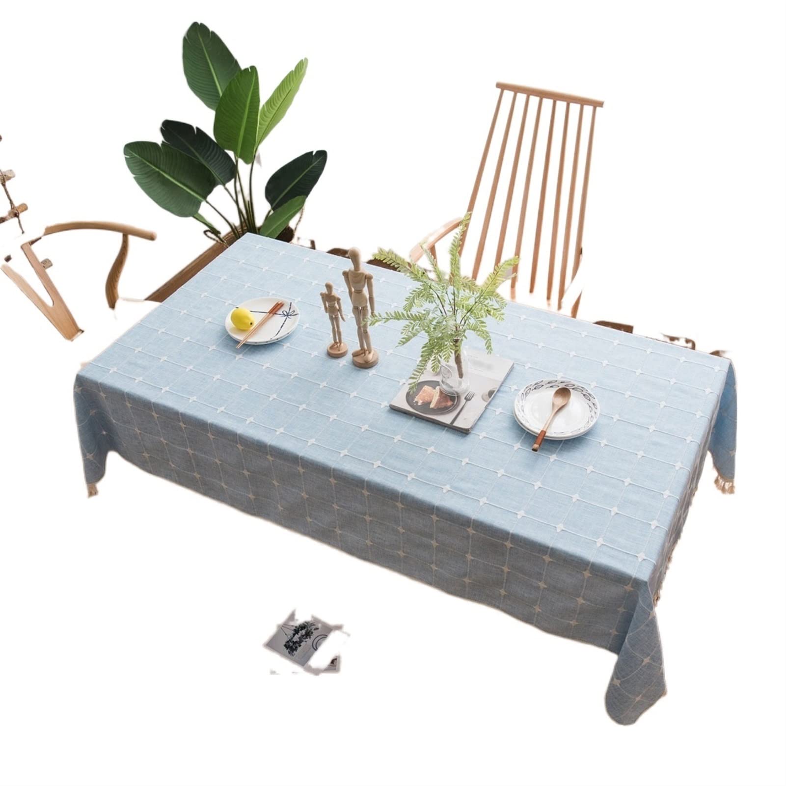 JINGYAN Tablecloths Cotton Linen Tablecloth Blue Stripes Plaid Embroidered Rectangular Dining Table Cloth For Banquet Decor(Blue,90cm X 90cm)