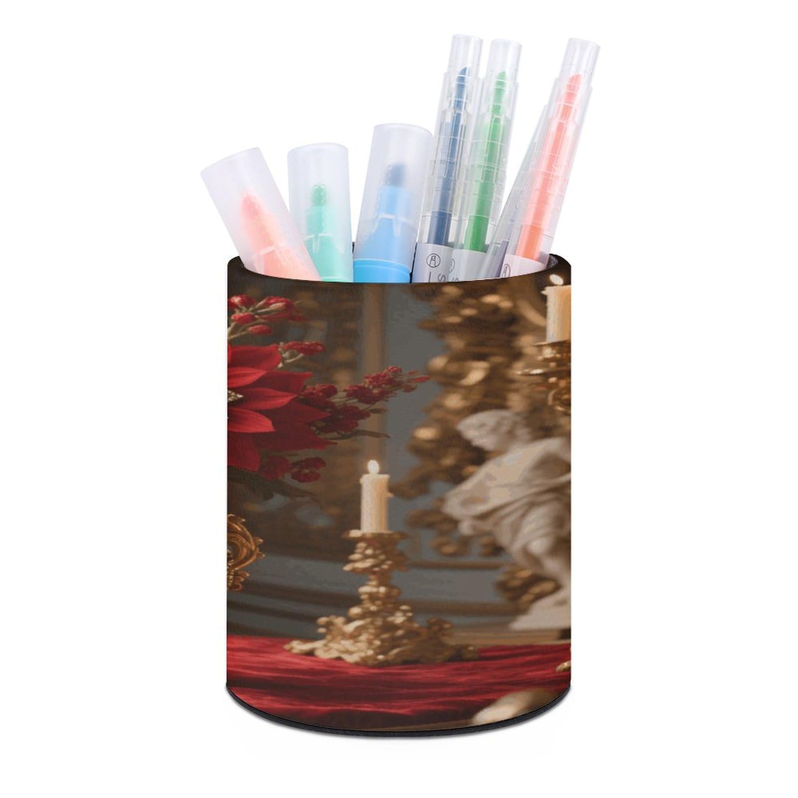 VstaDank - Mandala Flower Print Round Pen Holder Pencil Holder PU Leather Desk Organizer Stand for Desk Desk Office Decor