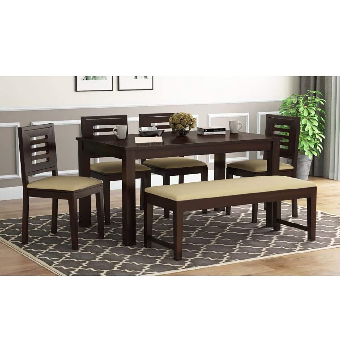 KhatiEra Solid Sheesham Wood 6 Seater Dining Table for Home with 4 Cushioned Chairs & 1 Bench | Hotel & Restaurant Dining | Hotel Furniture |Dining Room Set | Walnut Finish