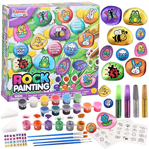 Klever Kits JOYIN 12 Rock Painting Kit, Spring Crafts for Kids, Creativity Arts&Crafts DIY Supplies with 18 Paints Decorate Your Own for Kids, Painting Gifts Family Activity Birthday Present