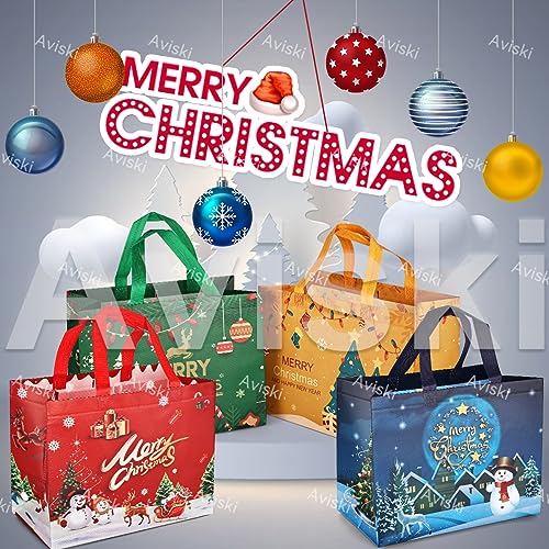4PCS Multifunctional Non-Woven Christmas Tote Bags for Gifts Wrapping Shopping, 32.5×25×17cm, Lateral Christmas, 4pcs - Image 4