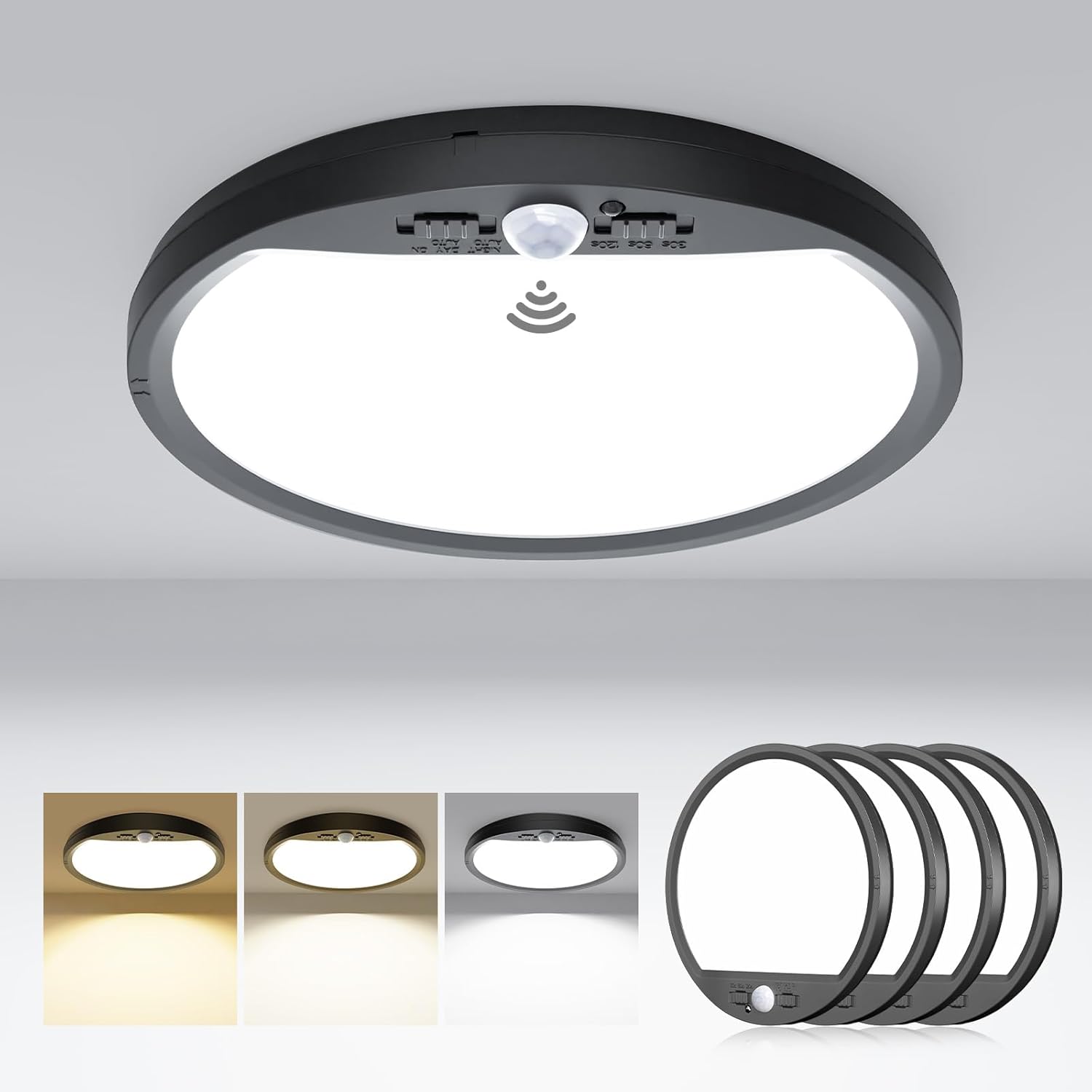 hepside 4 Pack Motion Sensor Ceiling Light Wired, 3000K/4000K/6500K LED Flush Mount Ceiling Light Fixture, 7Inch 15W Motion Sensor Light with Timer for Closet Stair Porch Hallway Pantry,Black