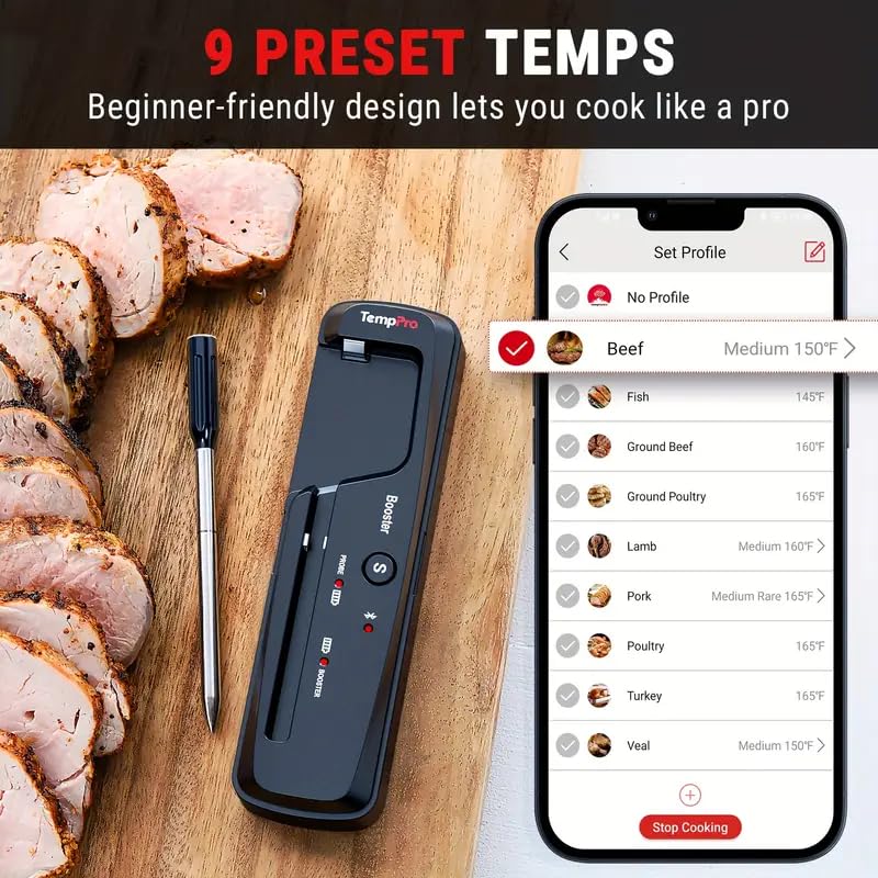 500FT Wireless Meat Thermometer – Bluetooth Digital Food Thermometer with Temperature Alarm, Smart BBQ Grill Thermometer for Oven, Smoker, Kitchen & Rotisserie Cooking