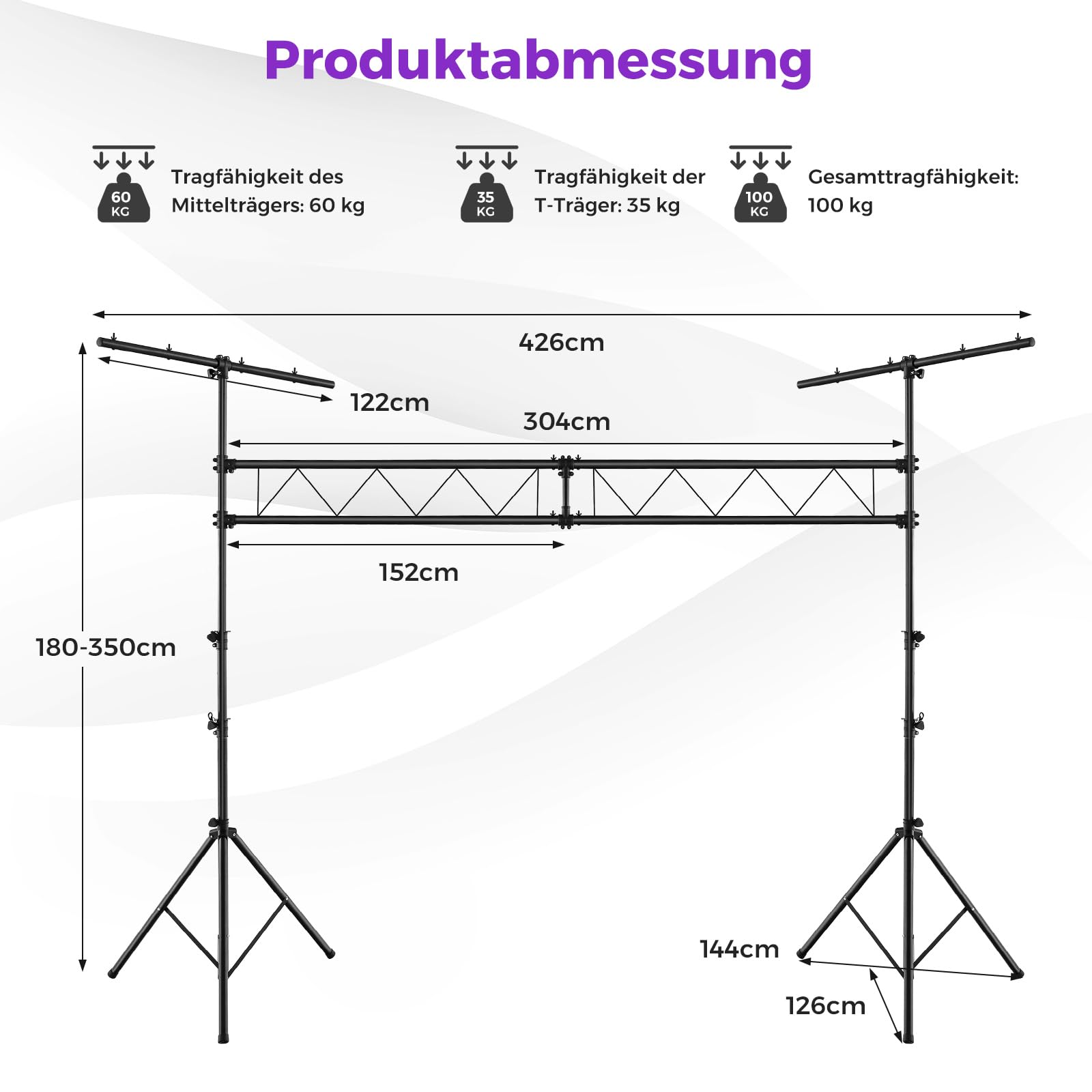 GYMAX 3,5 m Lange DJ-Lichtstativ, Lampensaktiv 180-350 cm höhenverstellbar, Lichteffekt Lichtanlage Set mit einziehbaren T-Stangen bis 100kg Belastbar, Leuchtenstativ für Konzerte, Theater & Partys