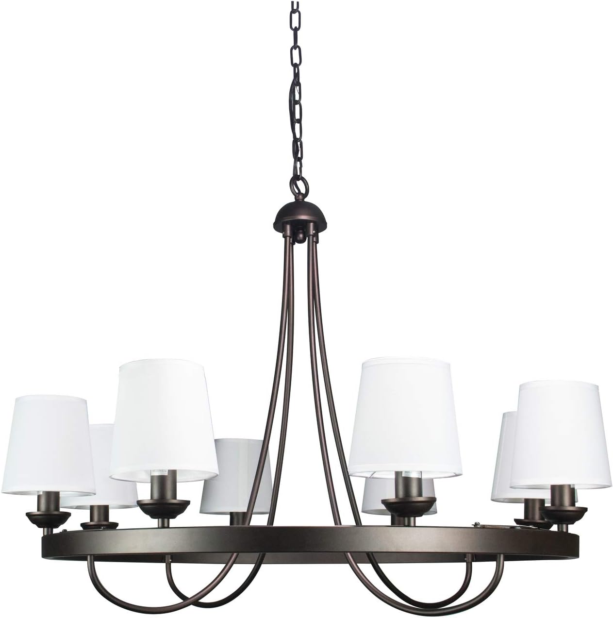 Cenports Baden Rustic Wagon Wheel Light Fixture with 8 Bulb and White Fabric Shades, Overhead Lighting with Vintage Black Frame for Foyer, Home, Living or Dining Room