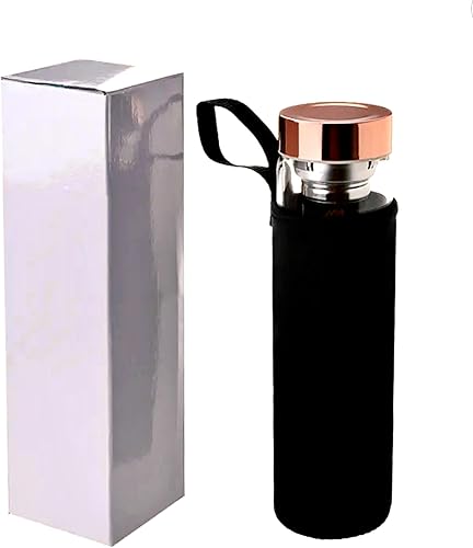 Miniatura 2 de Botella de agua de cristal delgado con infusión de piedra preciosa de oro rosa con funda protectora negra y 3 onzas de piedras de obsidiana