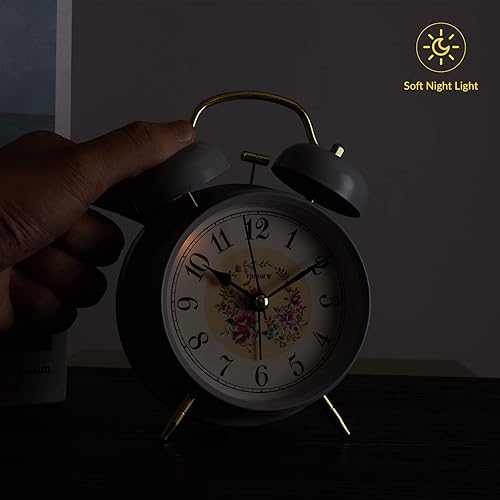 Miniatura 5 de Reloj despertador de doble campana de 4 pulgadas, luz nocturna, reloj de escritorio, despertador para dormitorio (gris rural) Gris
