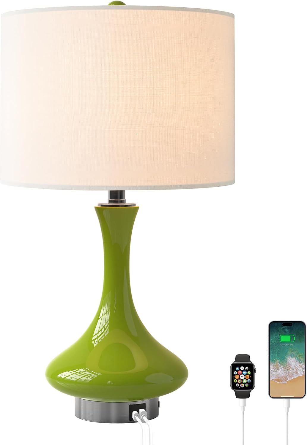 Maxax 24" Green Table Lamp for Living Room, Traditional Ceramic Bedside Lamp with USB C+A Ports, Modern Nightstand Lamp with White Shade for Bedroom, Office