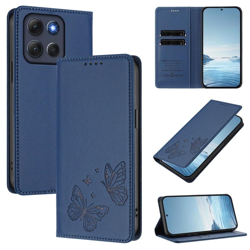 Étui Moto G86 bleu foncé rabat papillon : housse cuir portefeuille magnétique antichoc - 6