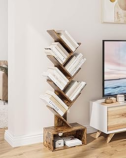 Aobafui 6 Tier Tree Bookshelf, 6 Shelf Bookcase with Drawer, Modern Book Storage for CDs/Movies/Books, Free Standing Bookcase, Utility Organizer Shelves for Home Office, Living Room, Rustic Brown