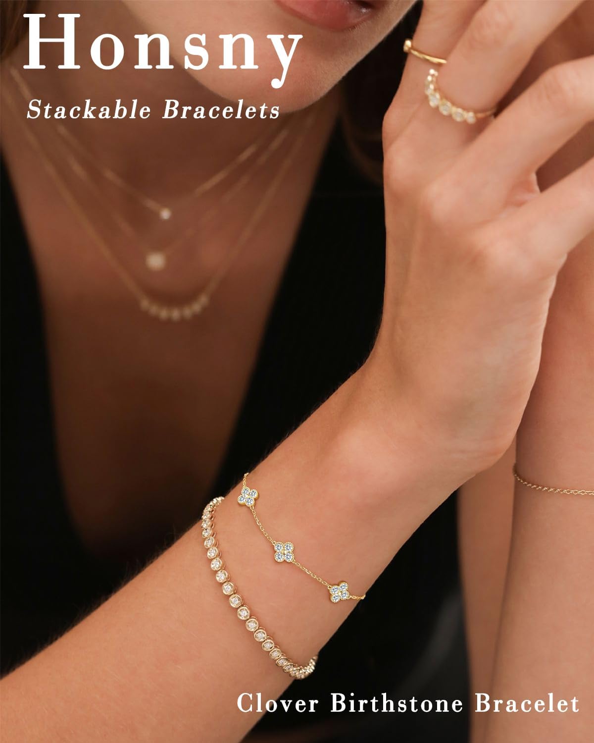 Honsny Gold Birthstone Clover Bracelets for Women Trendy Non Tarnish 14K Gold Plated Dainty Diamond Charm Stackable Bracelets for Women Waterproof Jewelry for Women Best Friend Valentine's Day Gift - Image 2