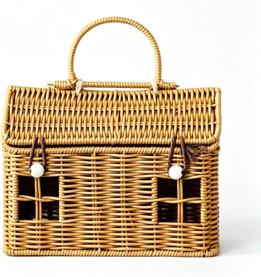 House-Shaped Wicker Basket with Lid - Handwoven Rattan Storage Basket for Home Decor, Kids Picnic, Organizer | Decorative Brown Woven Gift Box, Versatile for Toys, Wall Hanging (1PCS)