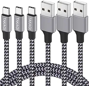 TAKAGI USB Type C Cable 3A Fast Charging, (3-Pack 6feet) USB-A to USB-C Nylon Braided Data Sync Transfer Cord Compatible with Galaxy S10 S10E S9 S8 S20 Plus, Note 10 9 8 and Other USB C Charger