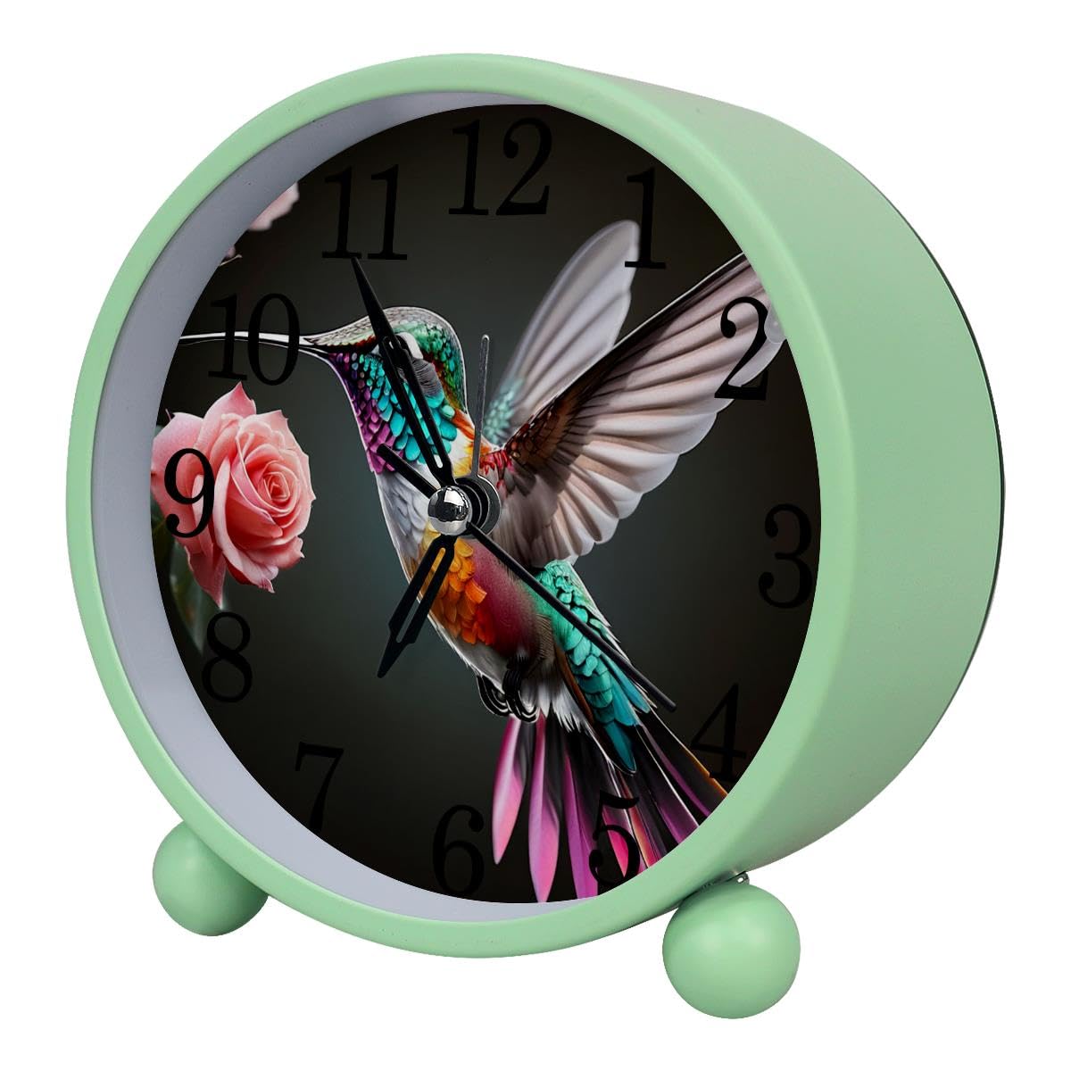 Luoweisi Alarm Clock Hummingbird Rose, Silent Non-Ticking with Night Light, Round Metal Alarm Clock for Office, Battery Operated, Bedroom, Elderly, Adults, Children, Student Gifts