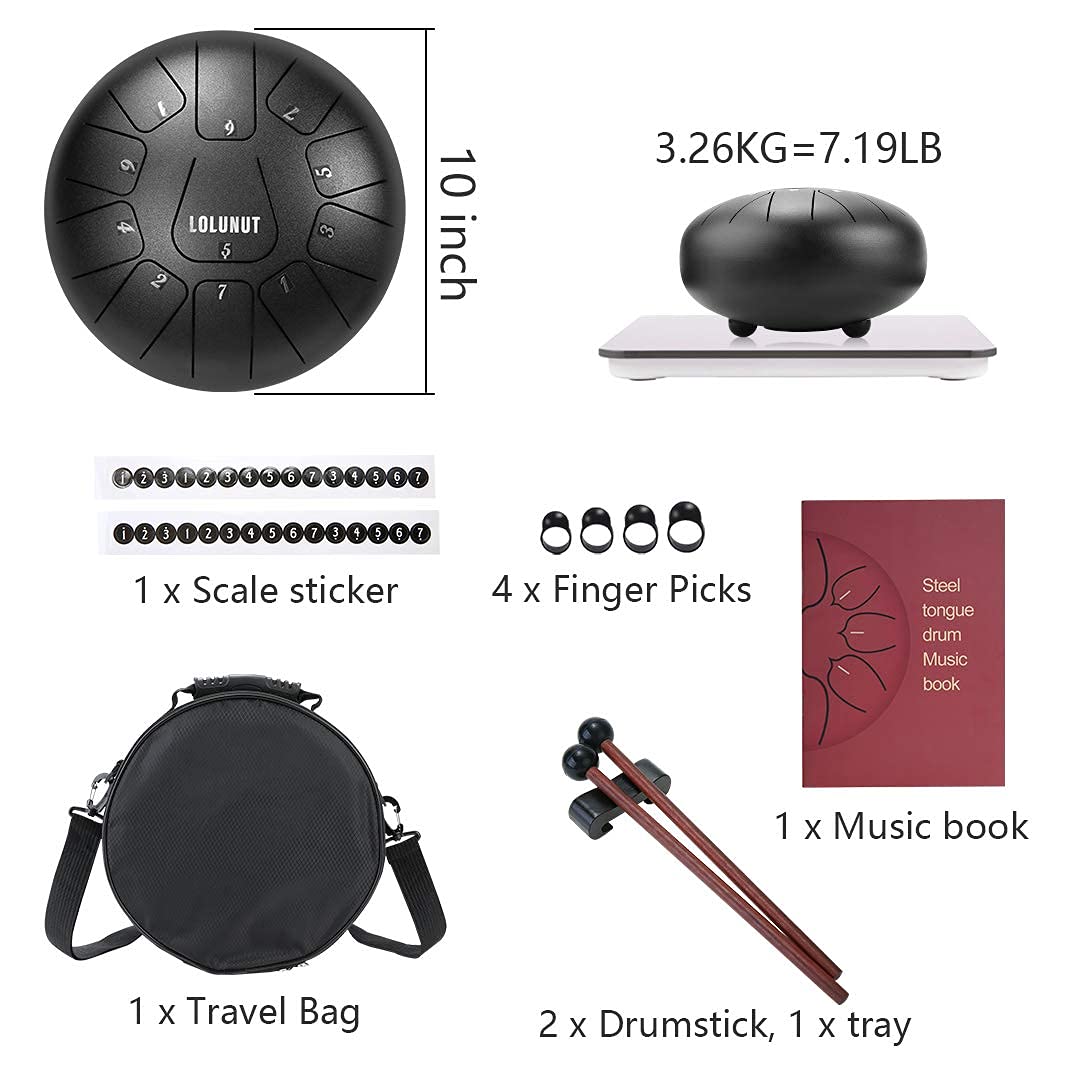 10 Inch Steel Tongue Drum 11 Notes Matte Black Pan Drum with Travel Bag, Mallets, Drumstick Bracket, Knocking Finger Picks and Music Book,Elegant Creative Handpan Drum