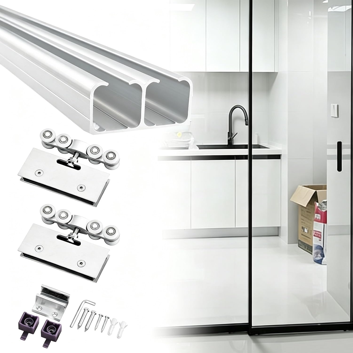 Kit de Herrajes para Puertas Correderas de Cristal de Doble Hoja para Cocina, Guía de Aluminio de Doble Carril de 70 a 400cm para Tabiques(90cm (3.0ft))