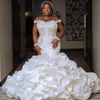 Plus Size Sequins Sweetheart Neckline Lace up Corset Bridal Ball Gowns Ruffles Train Mermaid Wedding Dresses for Bride