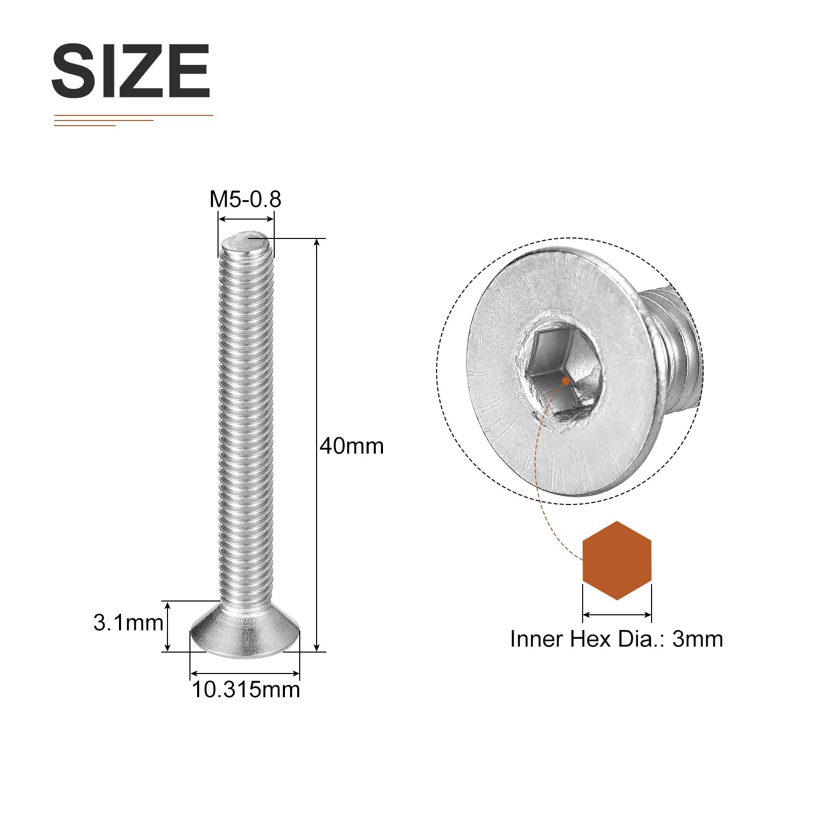 DTGN M5-0.8 x 40mm Flat Head Socket Cap Screws, 10 Pack 304 Stainless Steel Hex Socket Flat Head Screws, Full Thread, Countersunk Bolts - Image 2