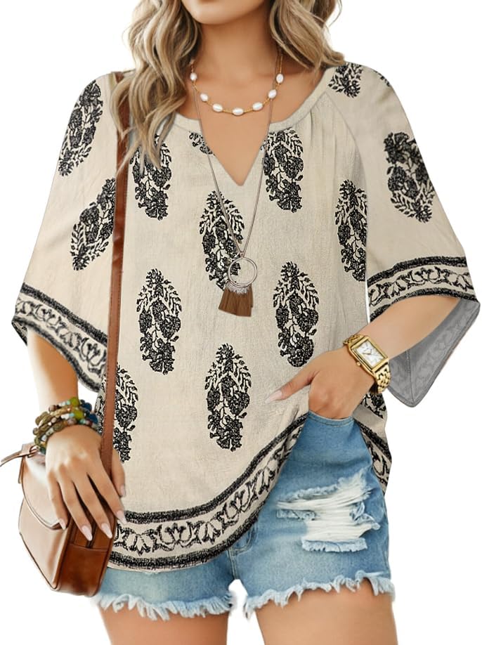 GUNEST Womens 3/4 Sleeve V Neck Bohemian Blouses Boho Loose Fit Tunic Tops