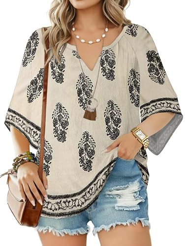 GUNEST Womens 3/4 Sleeve V Neck Bohemian Blouses Boho Loose Fit Tunic Tops