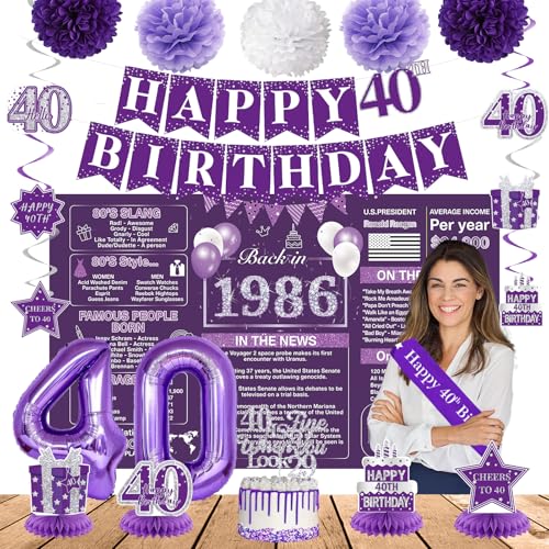 Image of Crenics Purple 40th Birthday Decorations for Women - Back in 1986 Backdrop, Banner, Swirls, Centerpieces, Sash, Paper Pom Poms, Cake Topper and Balloons for 40 Birthday Party Supplies