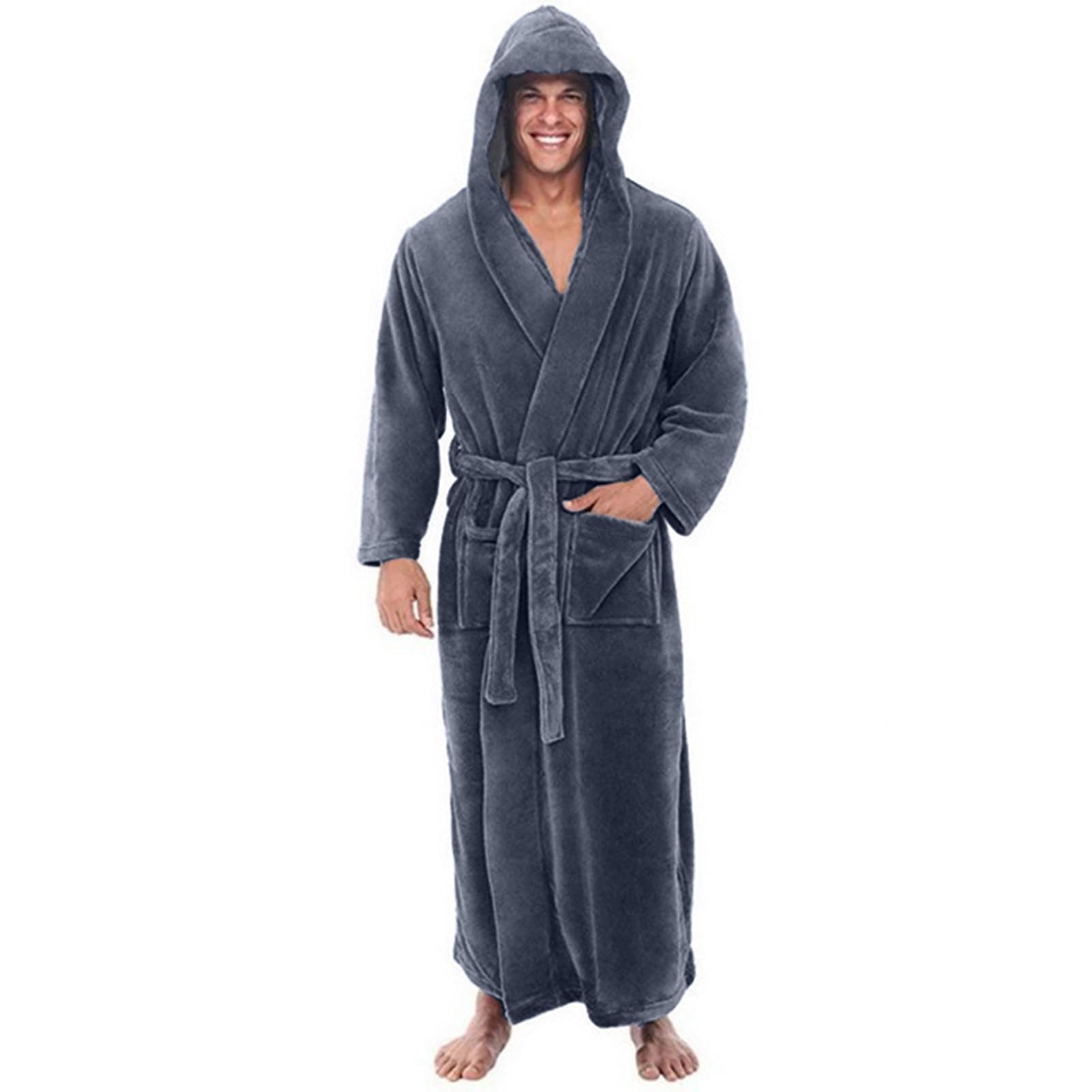 matumou Men Hooded Bathrobe with Adjustable Belt Super Soft Fluffy Highly Absorbent Color Pocket Design Male Bathrobe