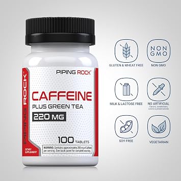 Piping Rock Caffeine Pills 200mg | 100 Tablets | with Green Tea Extract | Non-GMO, Gluten Free Supplement