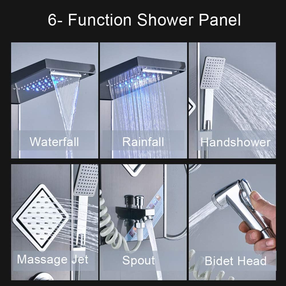 LED Shower Panel System Digital Display Shower Panel Tower Stainless Steel Shower System with Rain Shower Head, Handheld Sprayer, Massage Body Jets, Tub Spout, Bidet Sprayer,Gold
