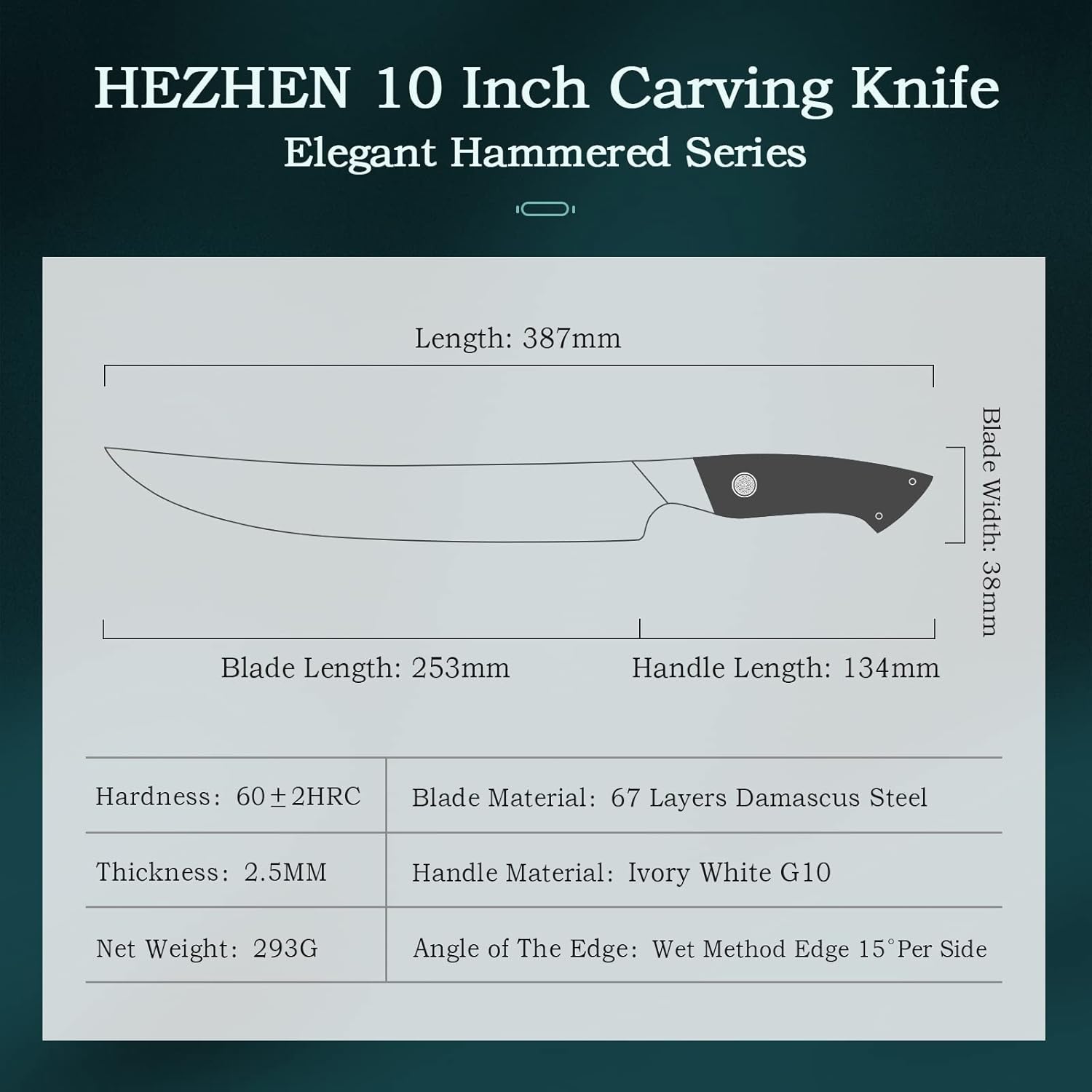 HEZHEN Damascus 10” Carving Knife, 67 Layers Damascus Steel Meat Knife,Barbecue Slicing Roasts Meats BBQ Turkey Poultry, Ivory White G10 Handle