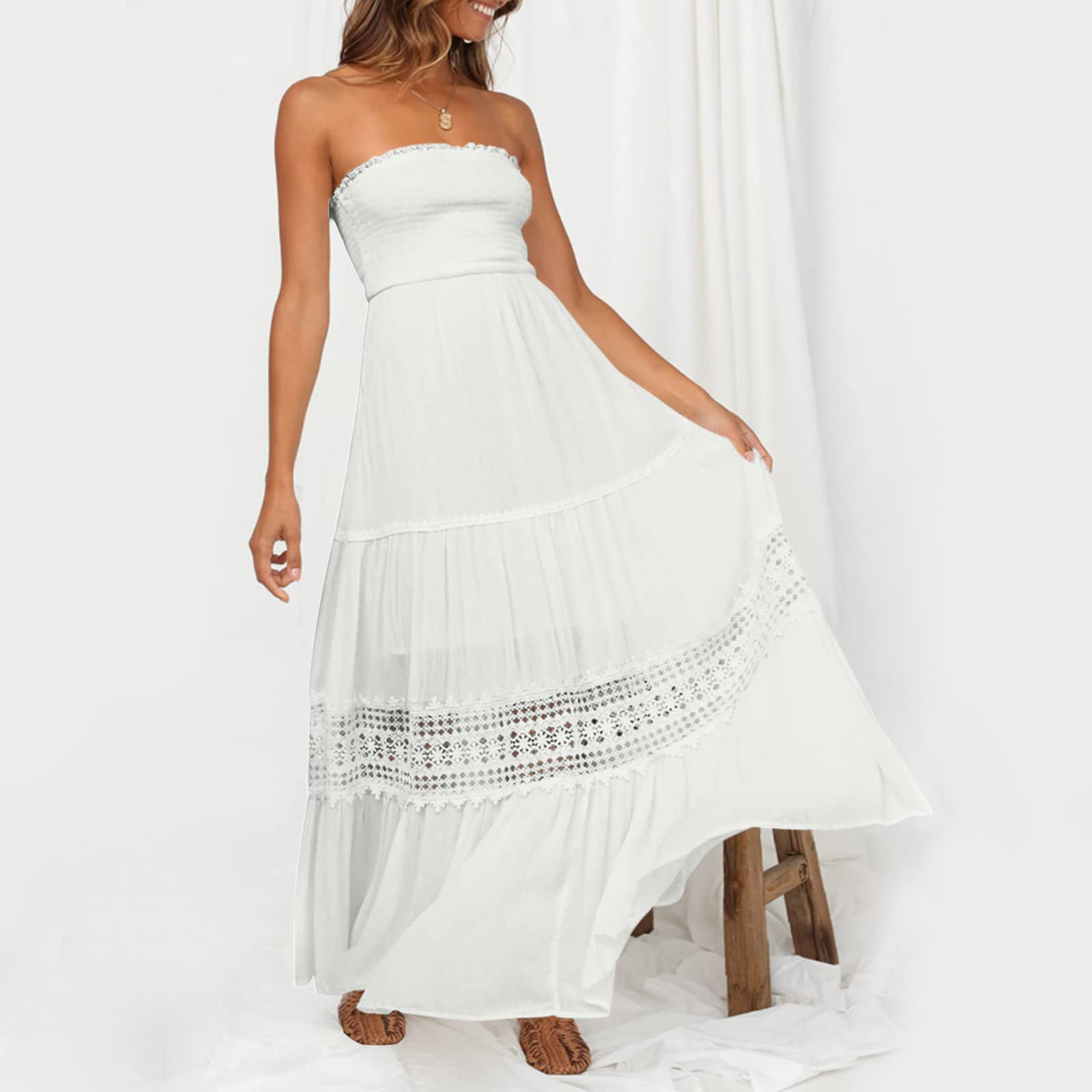 Vestito da Sposa Donna, Senza Spalline, con Bordo in Pizzo, Design A Schiena Scoperta, Svasato, Lungo Maxi Abito da Spiaggia, Abbigliamento Primavera, Sexy, Curvy, da Cerimonia