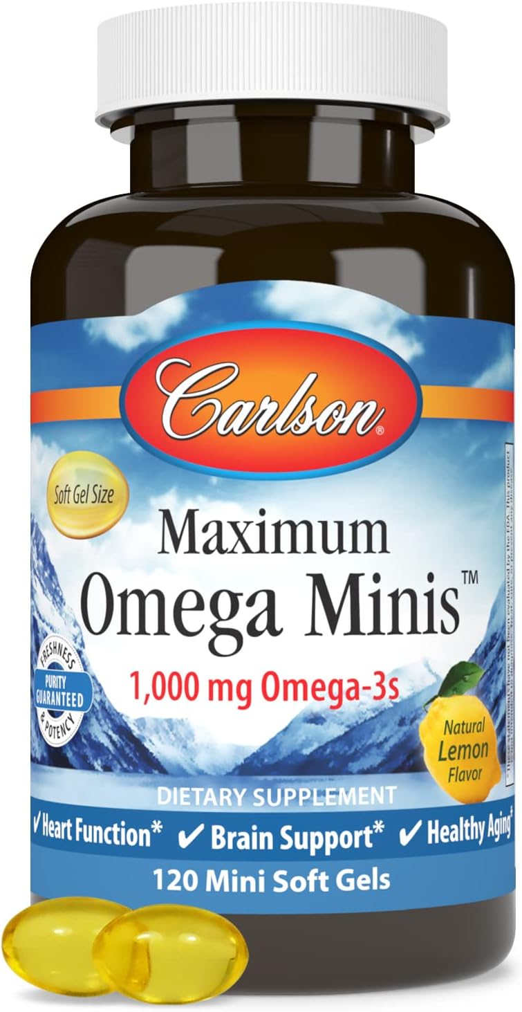 Carlson - Maximum Omega Minis, 1000 mg Omega-3s, Heart Function, Brain Support & Healthy Aging, Lemon, 120 Mini Softgels