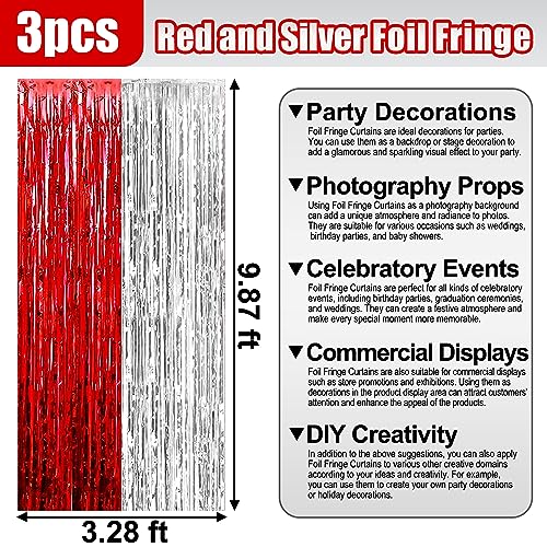 Image of 3 Pack Red Silver Foil Fringe Curtain Backdrop, 3.28Ft x 9.8Ft Metallic Tinsel Foil Fringe Streamer Curtains for Photo Booth, Christmas Day, Thanksgiving, Wedding, New Year Party Decorations