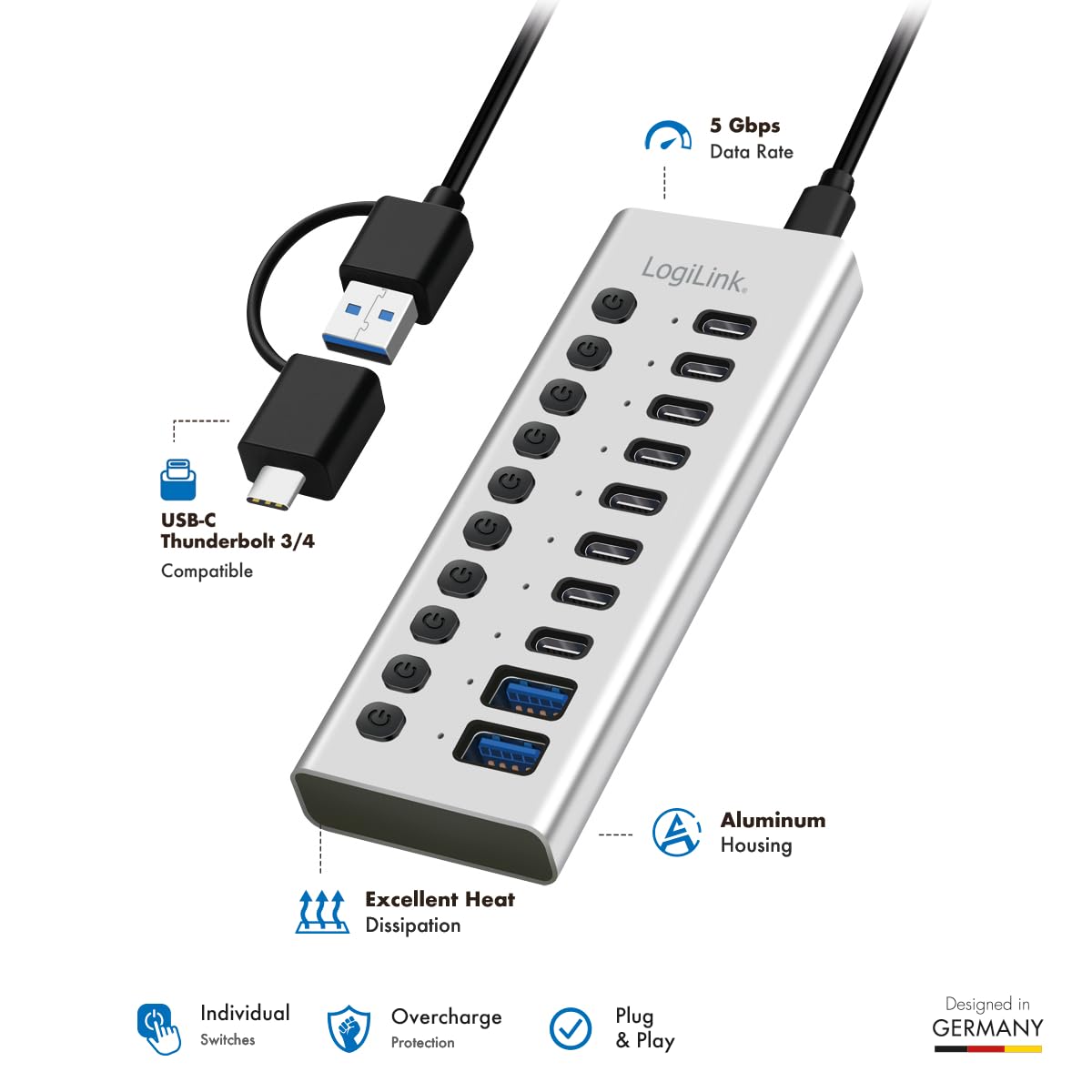 LogiLink UA0448 - Hub USB 3.2 Gen1 con 10 Puertos y Cable/Adaptador, USB Tipo A y USB Tipo C, Interruptor de Encendido/Apagado, Aluminio
